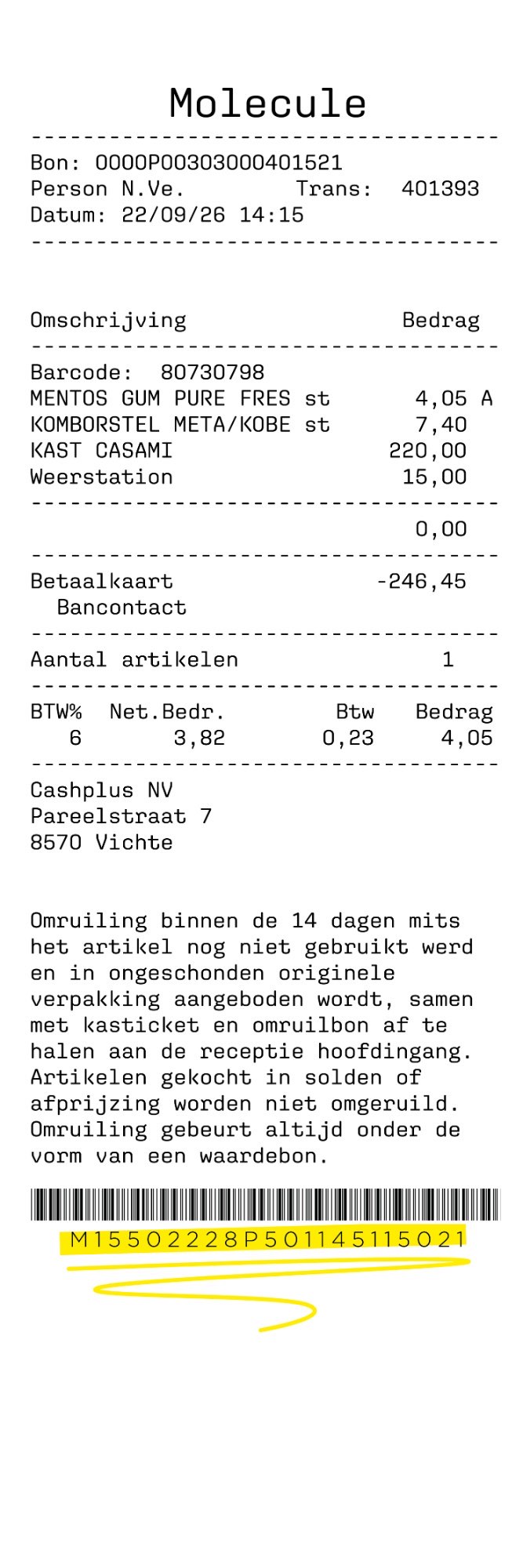 Voorbeeld van een kassaticket van Molecule, waarbij de code onderaan onder de streepjescode is aangeduid.
